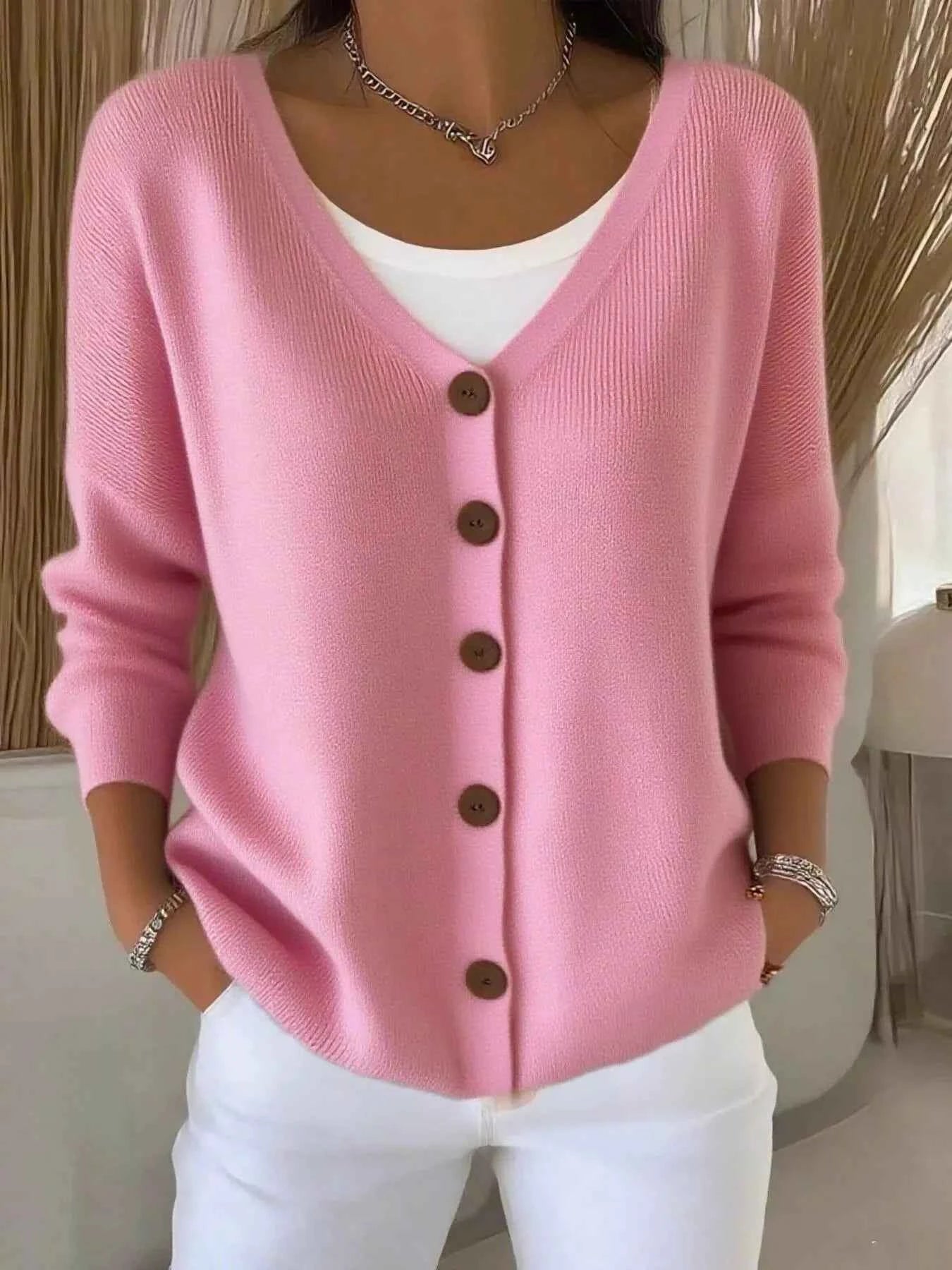 Full Size Button-Front V-Neck Cardigan Plus Size Pink 50092bc4a3f248389a5f3ce54772bf0f-Max-Origin