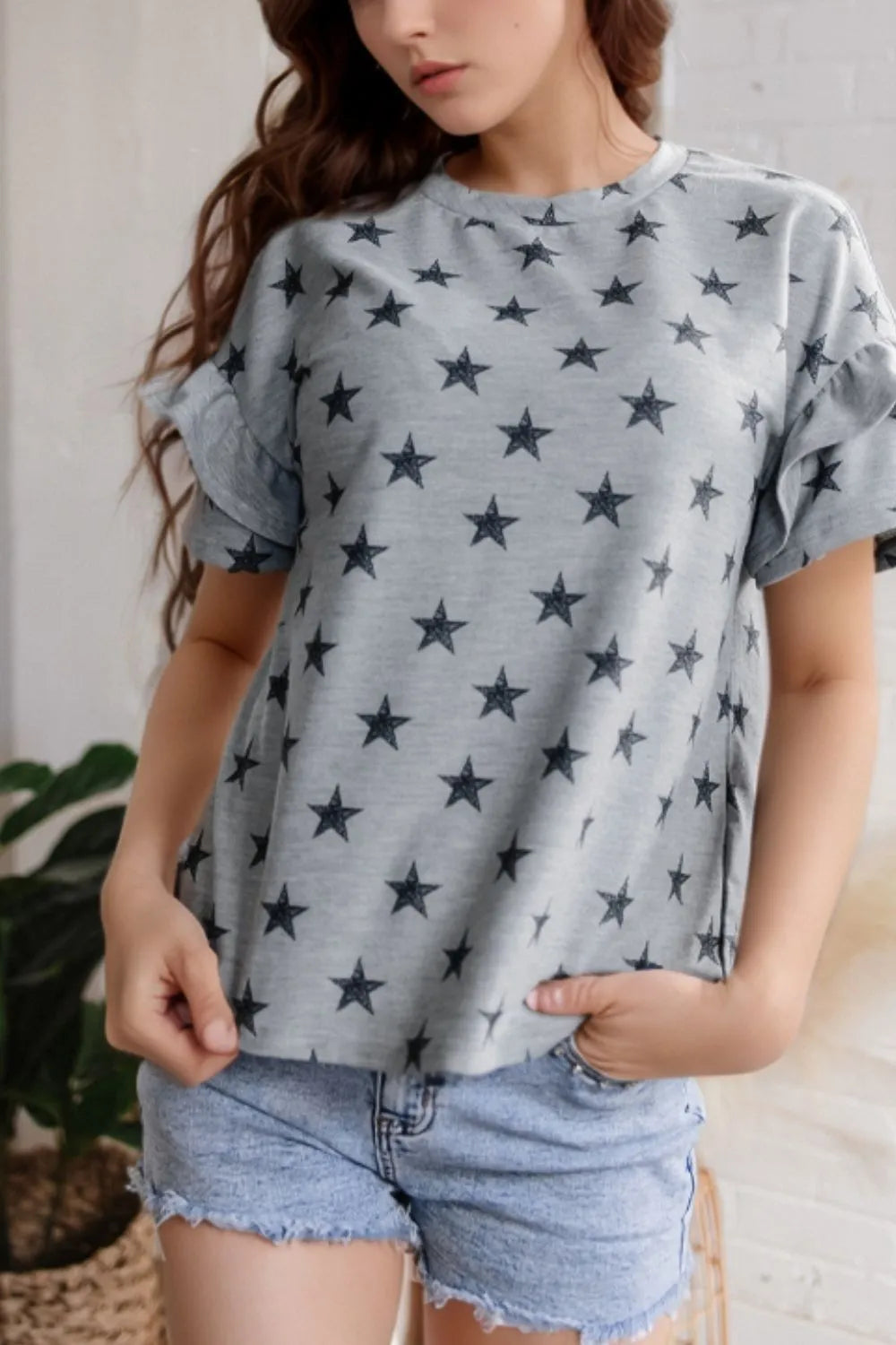 Star Print Tiered Ruffled Sleeve Crew Neck T Shirt 500955d7-46de-43a0-9f4b-56b31d11cc12-Max-Origin