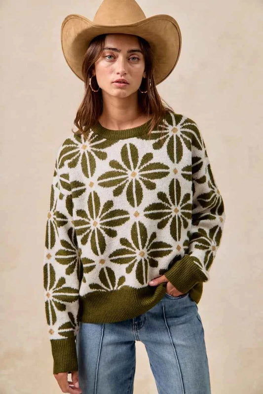Flower Pattern Long Sleeve Sweater 5009b8b239b8408eaa67f088889c1957-Max-Origin