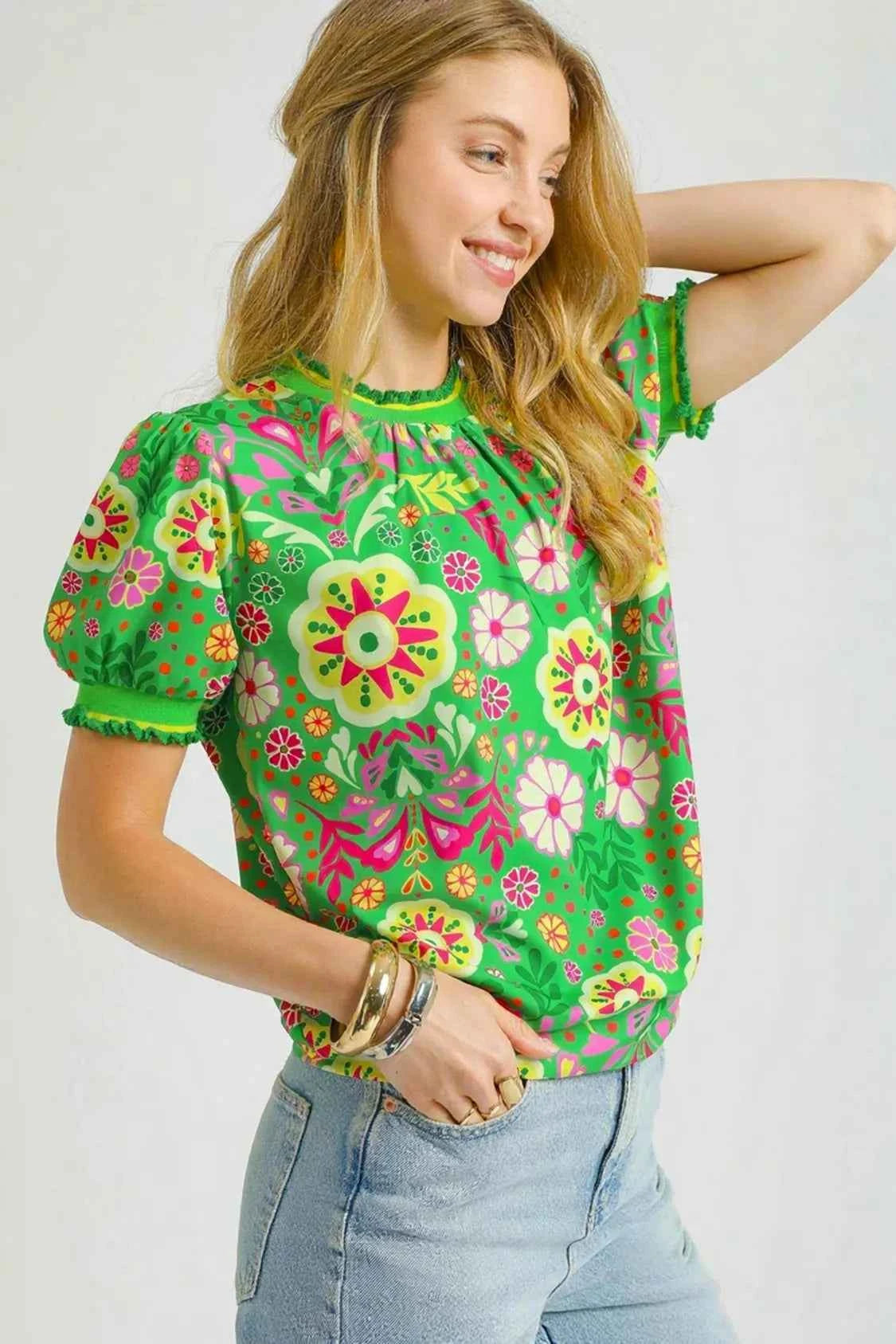 Umgee Retro Floral Puff Sleeve Top 500d8ceb-967a-4b95-8fea-5959da90f4b6-Max-Origin