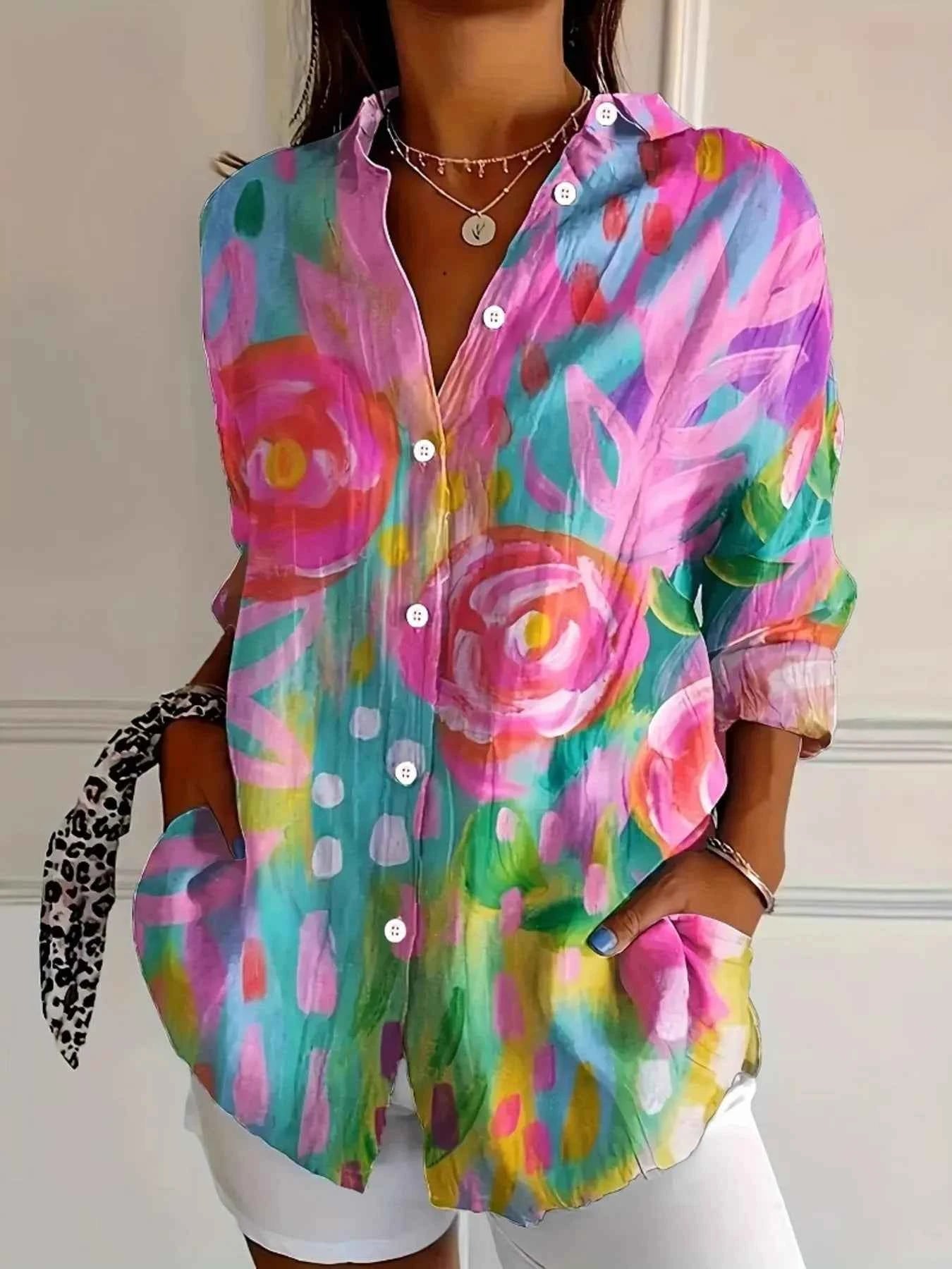 Printed Button-Down Long Sleeve Shirt Hot Pink 50169c50be89495b9b33148f6912392c-Max-Origin