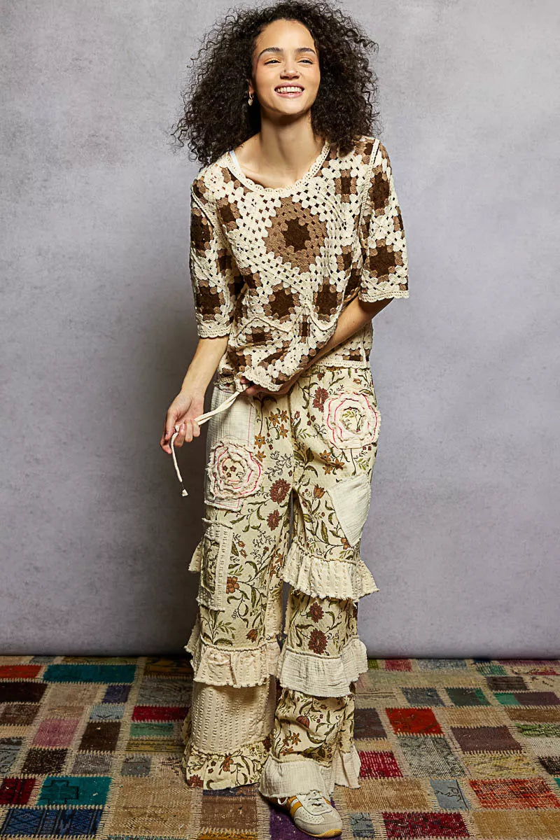 POL Round Neck Short Sleeve Color Pattern Crochet Top with Border Accents 501914d3-599e-426d-b44c-e3bb02ef0c8a-Max-Origin