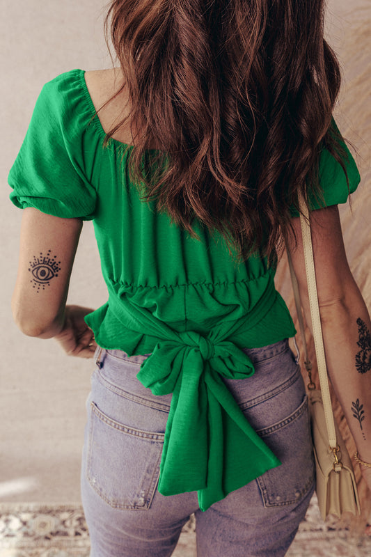 Dark Green Solid Color Ruched Crossed Waist Tied Back Short Sleeve Peplum Top 5019cff78d7519fa