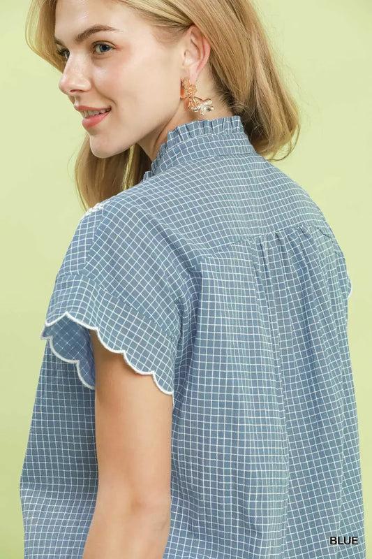 Embroidered Print Scallop Sleeve Button Front Blouse 501b9b03-0c5f-4539-921f-ab18d04c66fb-Max-Origin