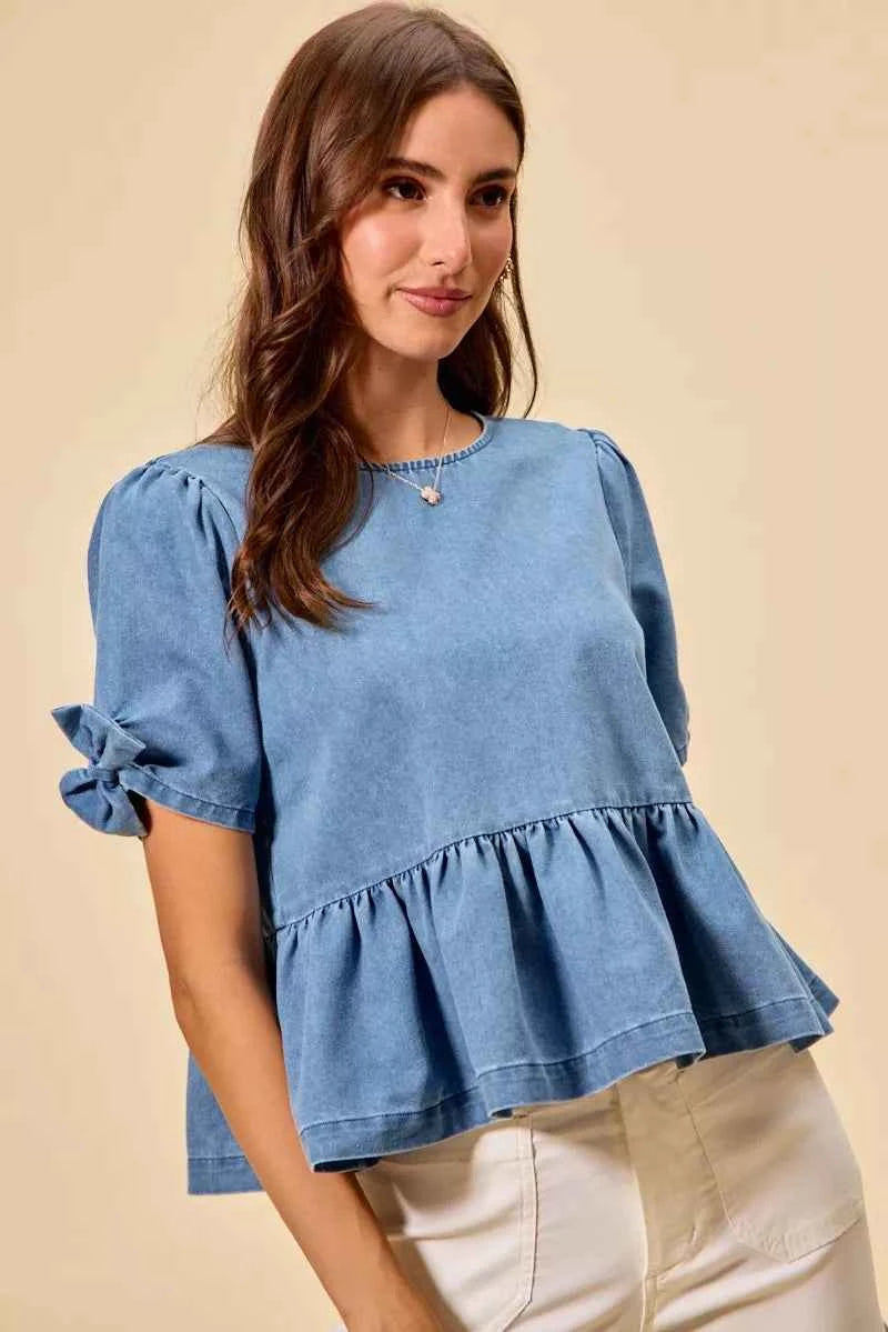 SO ME Denim Bow Detail Short Sleeves Peplum Top 502295737f7e4b8ab4251e1193231adf-Max-Origin