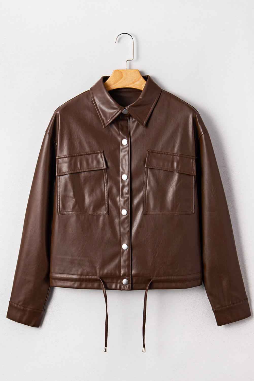 Chicory Coffee Flap Pocket Drawstring Hem Leather Jacket 5024c23c2c71b756