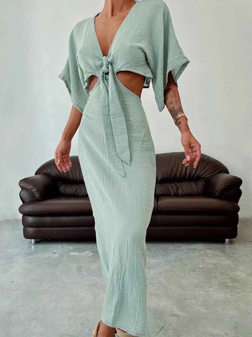 Tie Front Cutout Maxi Dress Sage 5028aef159b44c058e494ad55d5bfe10-Max-Origin