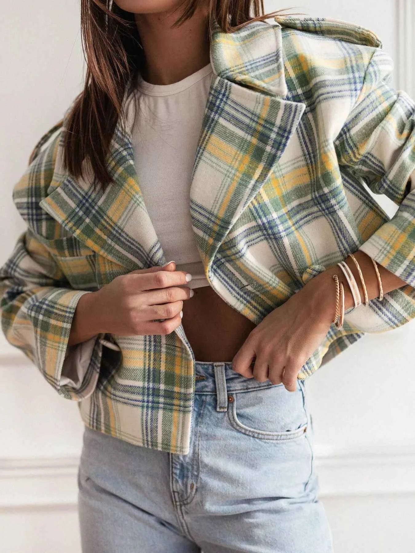 Plaid Lapel Collar Cropped Outerwear Yellow And Blue Plaid 5028d231-67f2-4537-b509-40af00325688-Max-Origin