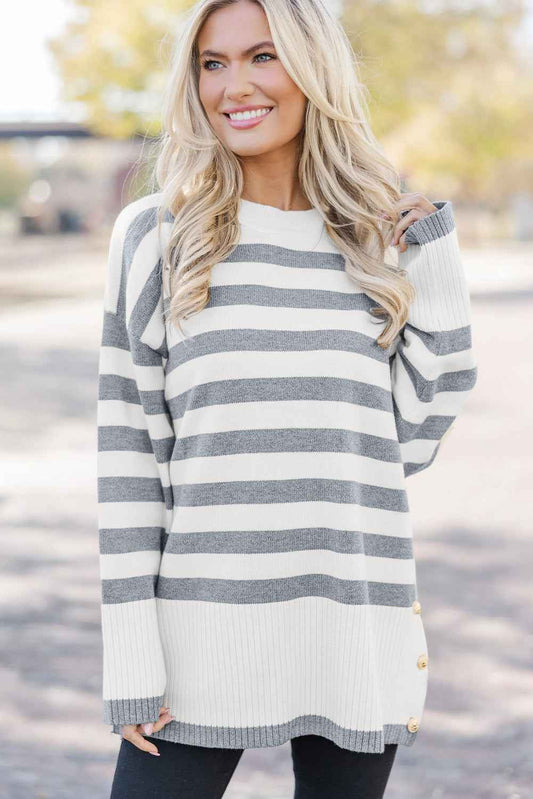 Gray Stripe Ribbed Buttoned Detail Drop Shoulder Tunic Sweater 50291a44c43b2d7c
