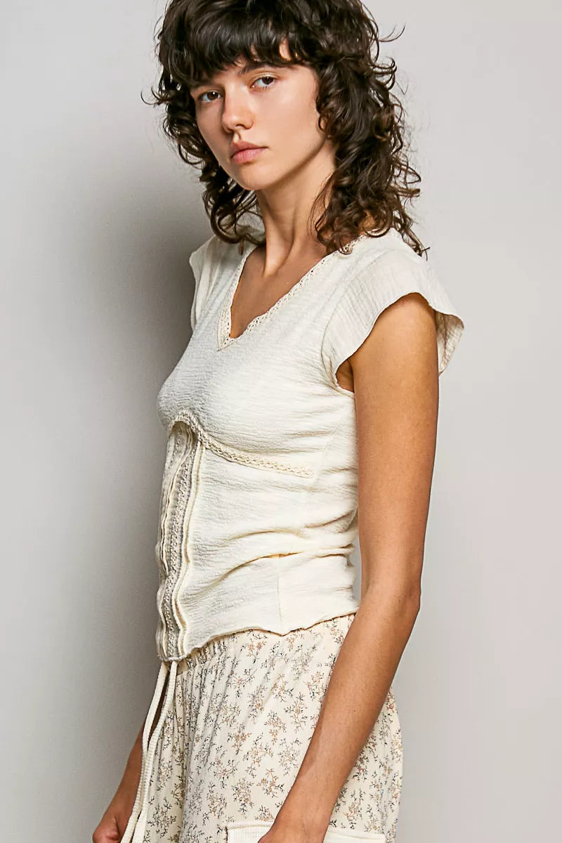 POL V-Neck Lightweight Textured Short Sleeve Knit Top with Lace Trim 50299e52-5733-4eb0-adc7-d195b7533478-Max-Origin