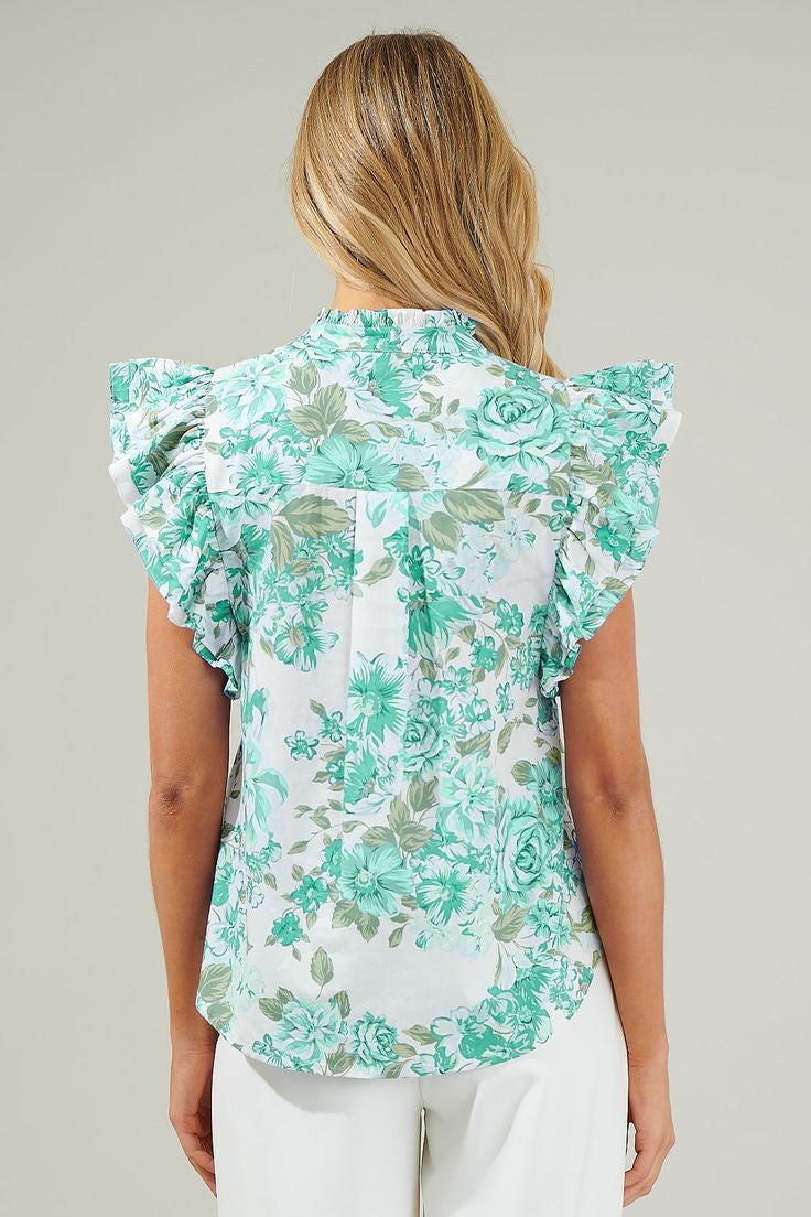 Sky Blue Floral Print Ruffle Sleeve Frill Shirt 502ad9d3f893ab0e