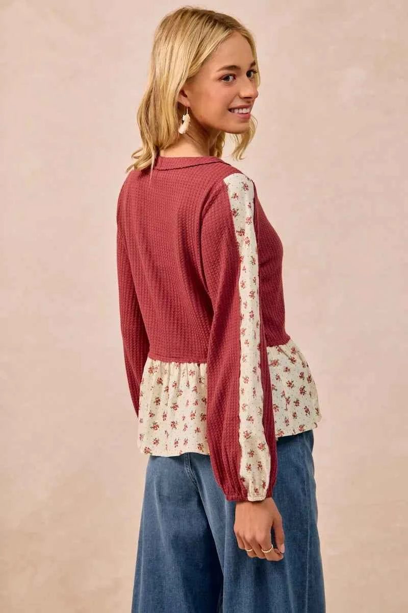 BiBi Waffle with Floral Woven Combo Top 5033eadb0a244f71bcd7698fafbdfbba-Max-Origin