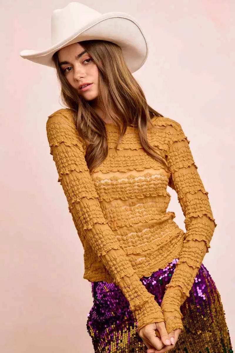 Ruffles Detail Mardi Gras Color Flower Lace Top 50356372012c45658211fb2989039e86-Max-Origin