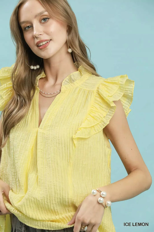 Textured Ruffle Sleeve Split V Neck Top 503adfce-1e79-4636-8881-3a3ccf3fe4f1-Max-Origin