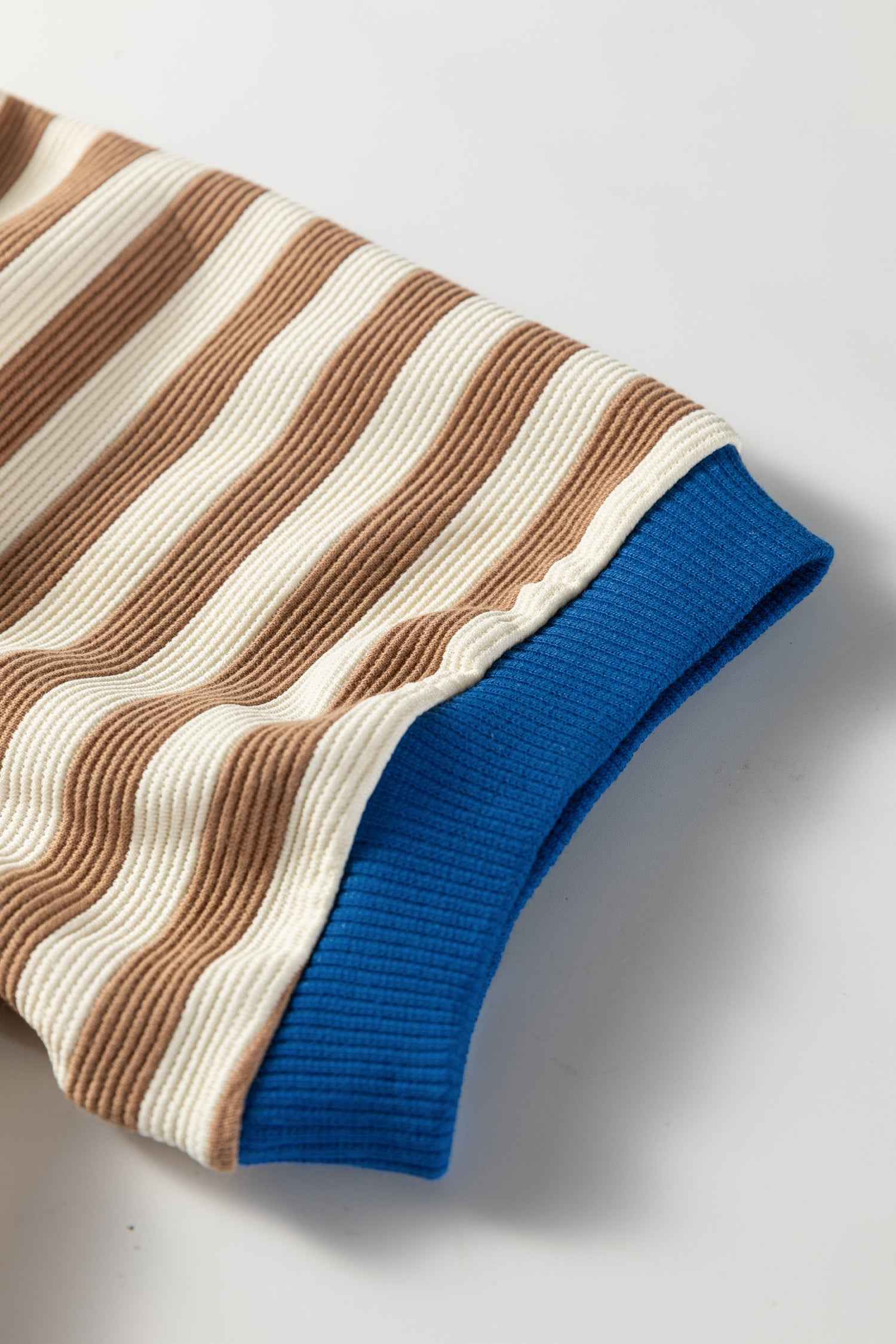 Brown Stripe Short Puff Sleeve Contrast Trim Round Neck Tee 503b4ea4e637d721