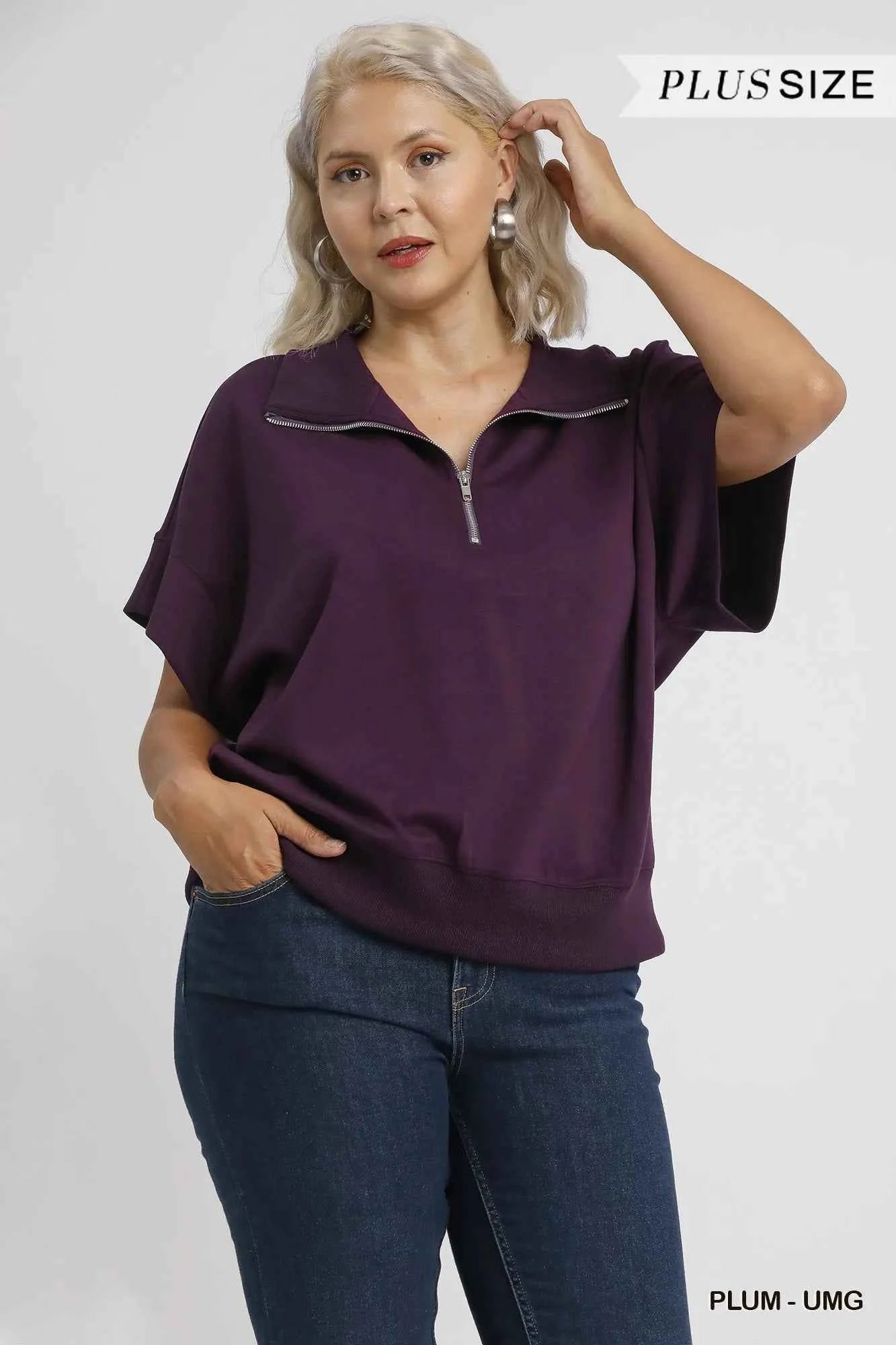 Umgee Full Size Half-Zip Short Sleeve Top Plus Size 50425e57-cd59-47e3-bfec-fc78908564ad-Max-Origin