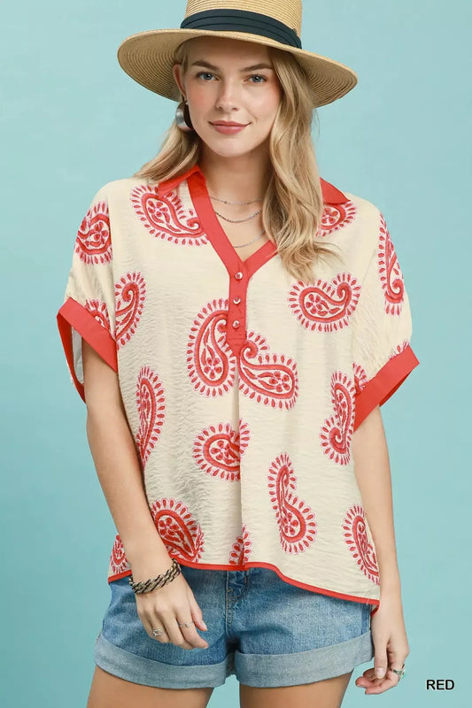 Paisley Print Contrast Trim Top RED 50504abd-c02d-4cd9-8153-4df5c1a29bfa-Max-Origin