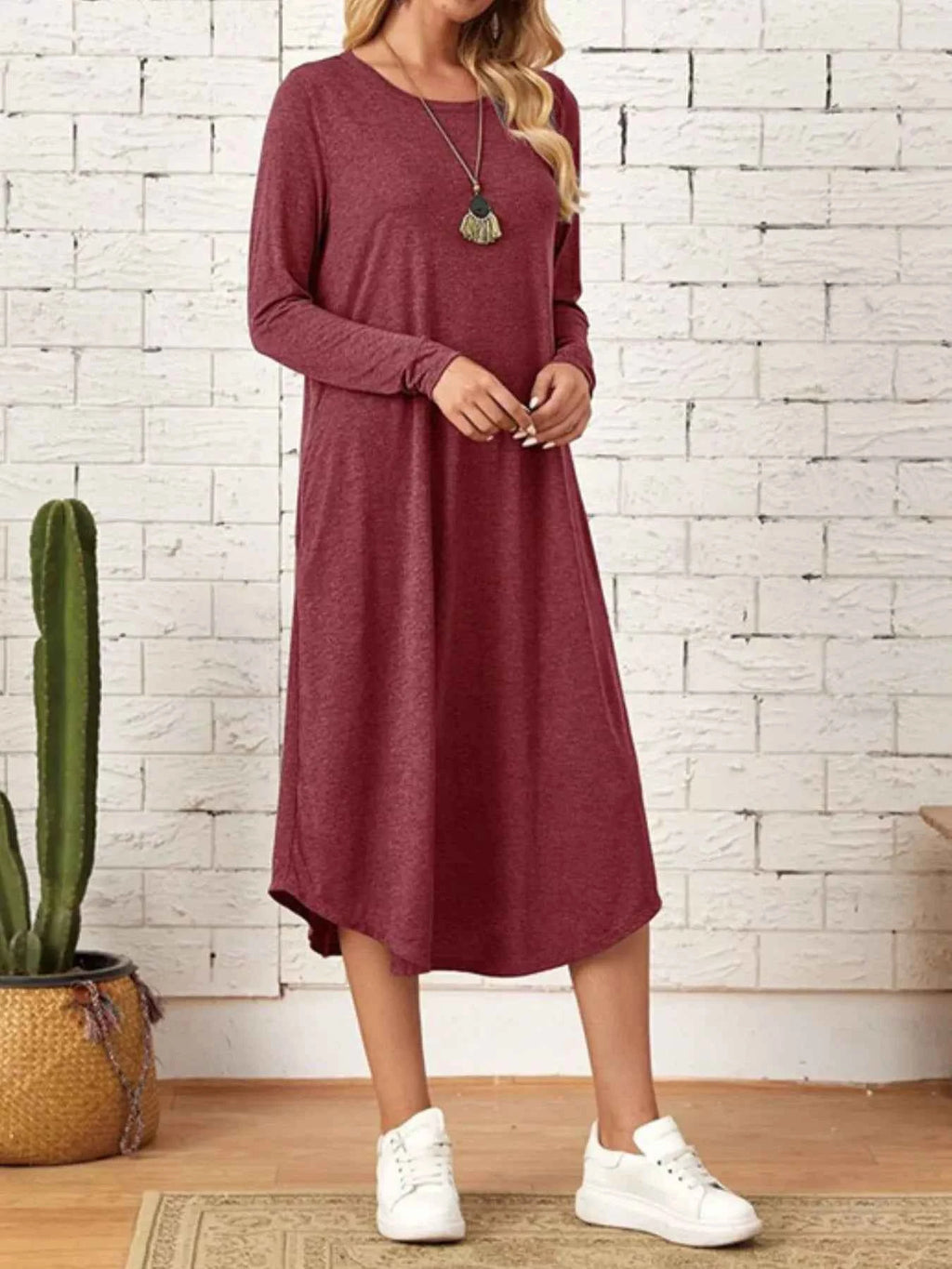 Casual Long Sleeve Pocket Midi Dress 5054f6a9-8116-446e-8d7a-5ab1a672339d-Max-Origin