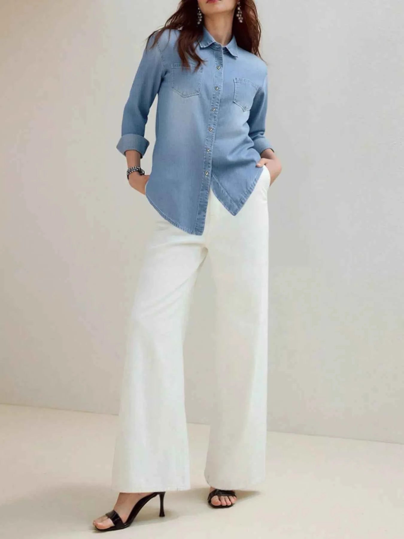 Full Size Button-Up Long Sleeve Denim Shirt Plus Size