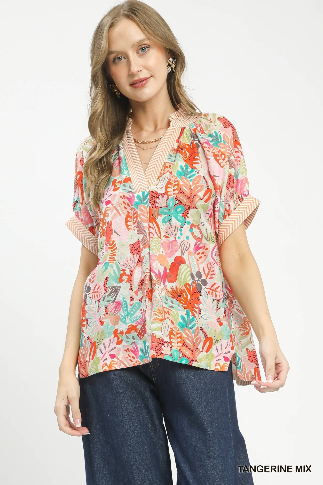 Umgee Mix Boho Printed V-Neck Top TANGERINE MIX 505a5a55-3ddf-4010-ba76-aaa1bef0115f-Max