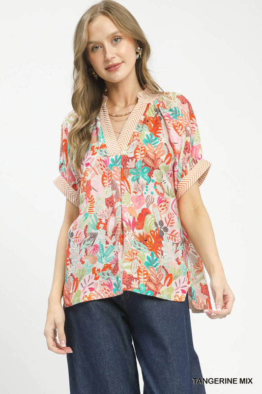 Umgee Mix Boho Printed V-Neck Top TANGERINE MIX 505a5a55-3ddf-4010-ba76-aaa1bef0115f-Max