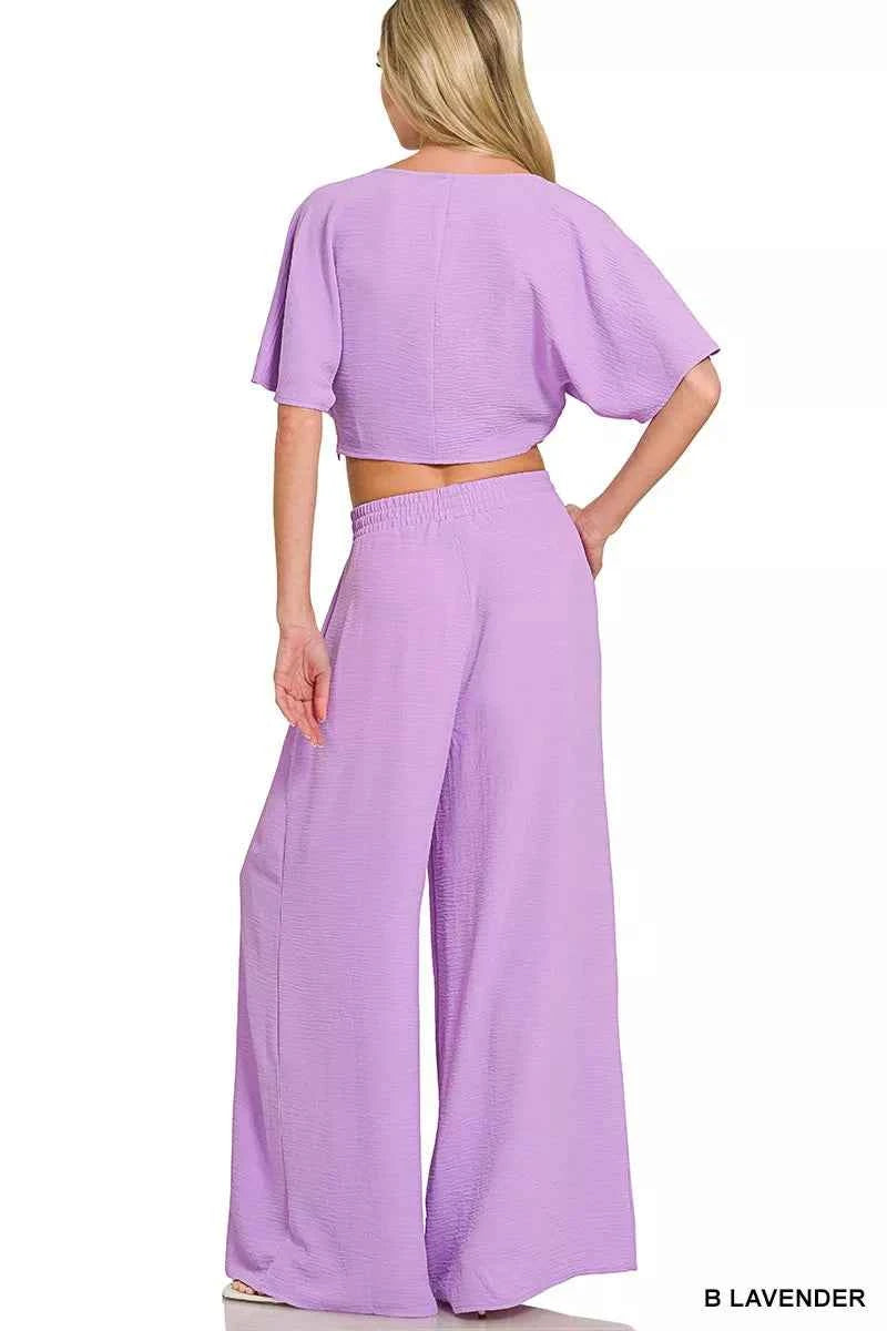 Zenana Woven Airflow Twisted Top & Wide Leg Pants Set 505fa7683b7841dbaf1913f4731c27ab-Max-Origin