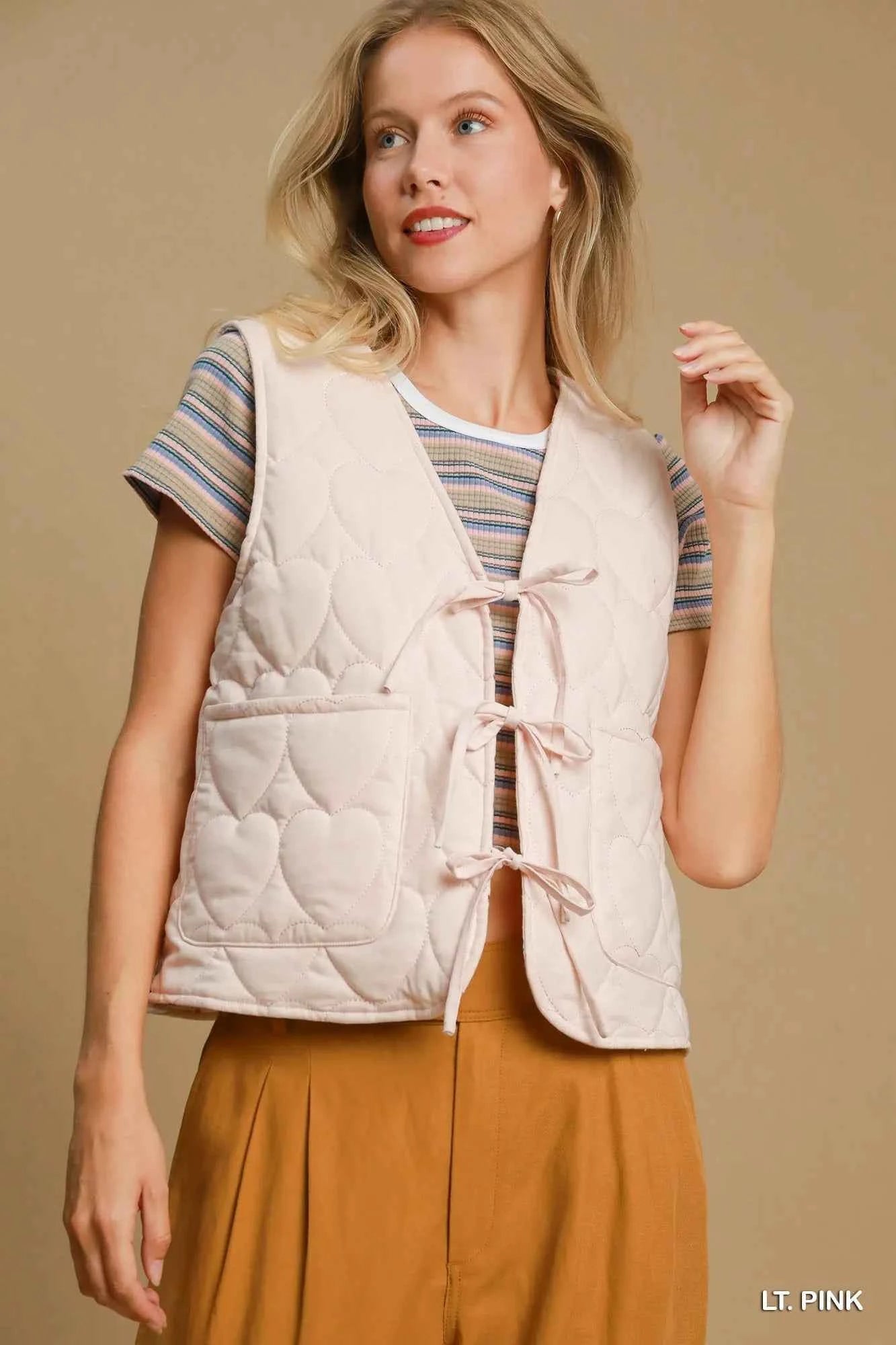 Umgee Heart Quilted Tie-Front Vest LT. PINK 506160a7-2053-4dc9-92b3-aa206c1fd046-Max-Origin