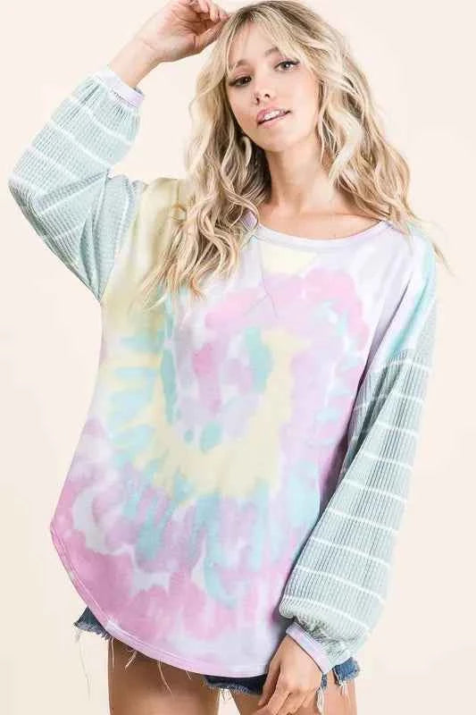 Tie Dye Terry Top with Wide Stripe Thermal Waffle 50673a0240d6437aac0511f324413bac-Max-Origin
