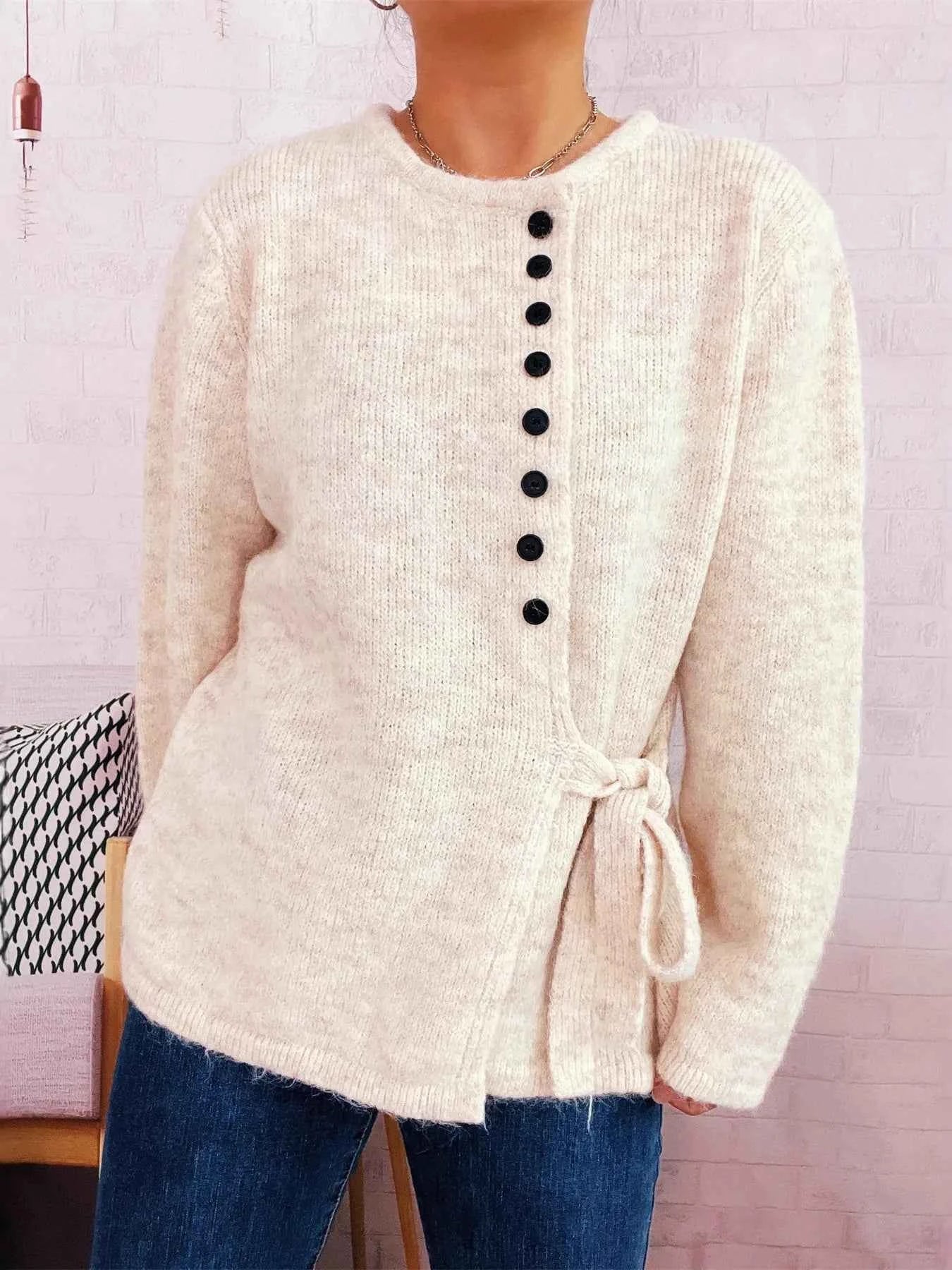 Button-Front Side-Tie Sweater 5067a302ade5448f8b79e983ba34619b-Max-Origin