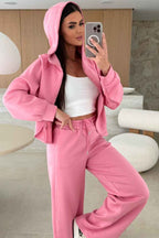 Pink Solid Color Zip Up Hoodie Drawstring Loose Pants Set 506cd44811c7d96d