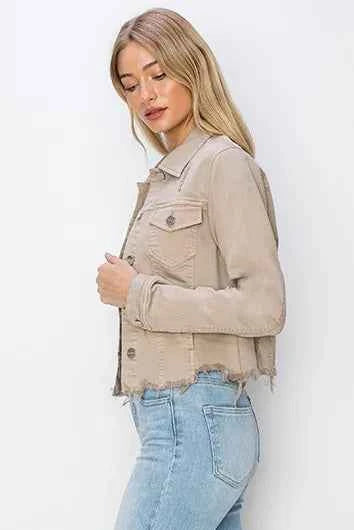 RISEN Full Size Raw Hem Button Up Cropped Denim Jacket Plus Size 5077310d-52cf-431b-beb1-b70d8a1445b7-Max