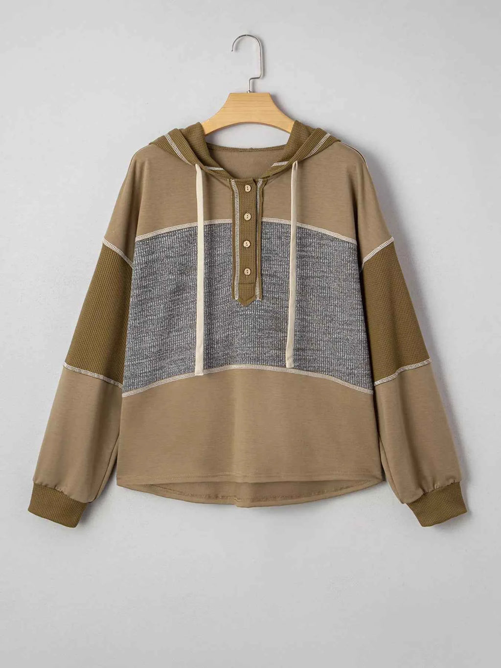 Mixed Texture Patchwork Exposed Seam Half Button Hoodie 507b396282e946c394b6acbb996ac2d4-Max-Origin