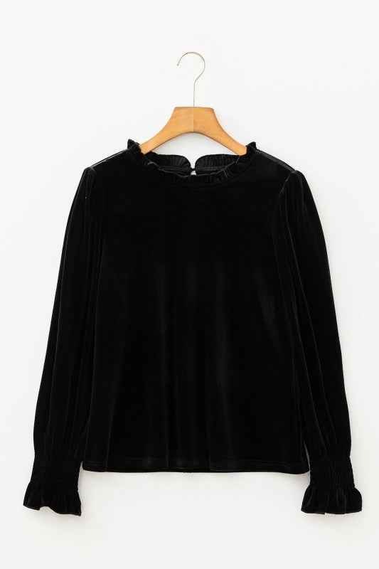 Velvet Frilled Collar Smocked Puff Sleeve Blouse Black 508371a0-4da9-4980-86ba-3743c7744492