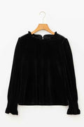 Velvet Frilled Collar Smocked Puff Sleeve Blouse Black 508371a0-4da9-4980-86ba-3743c7744492