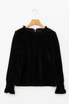 Velvet Frilled Collar Smocked Puff Sleeve Blouse Black 508371a0-4da9-4980-86ba-3743c7744492