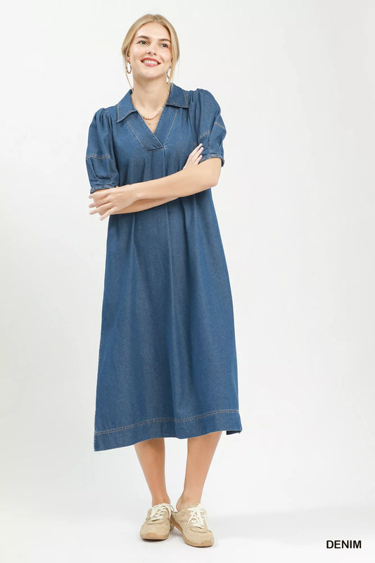Chambray Collared Puff Sleeve Dress 5089ba4b-f6ac-498b-a287-0ef7325ceddb-Max-Origin