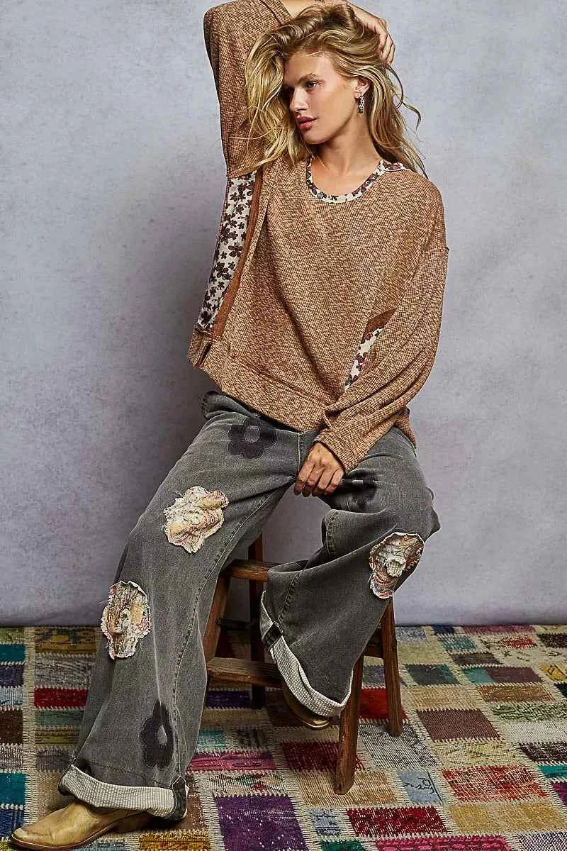 POL Balloon Sleeve Oversized Ribbed Top with Floral Pattern Contrast 508b2f2e-ec0a-466e-b634-514721dbc243-Max-Origin