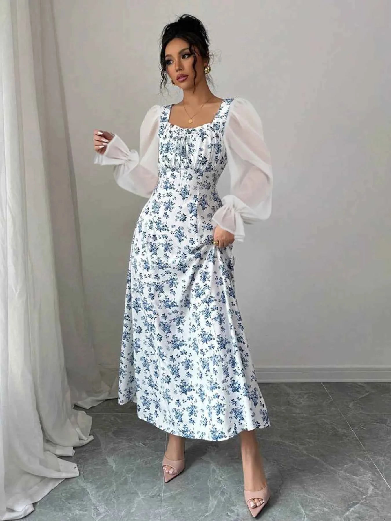 Floral Print Flounce Sleeve Maxi Dress Sky Blue 508c5d19-64b9-44bd-bb4a-92c30bbe8cdf-Max-Origin
