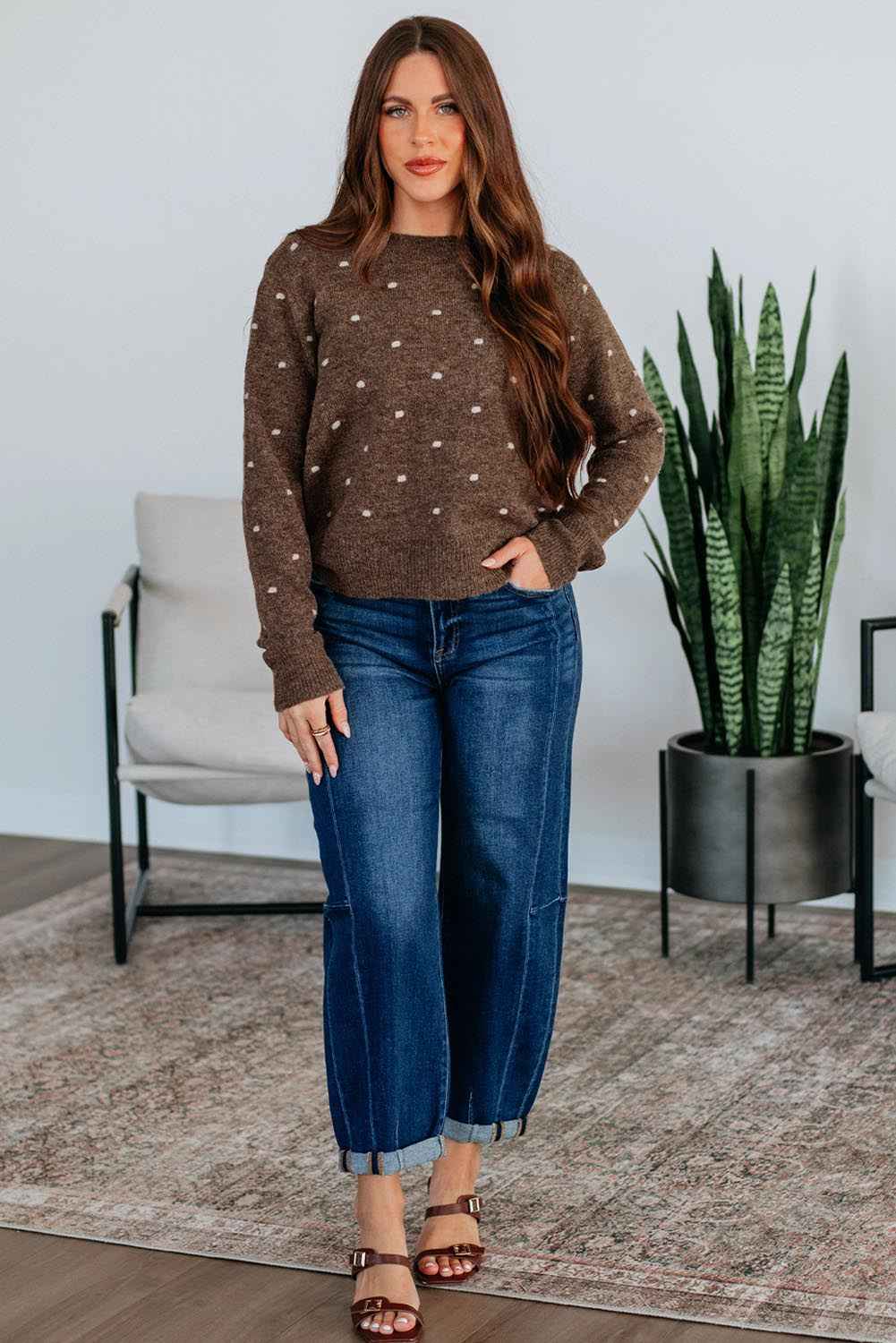 Coffee Dotted Print Ribbed Edge Knit Sweater 508f1cd7bbda1f54