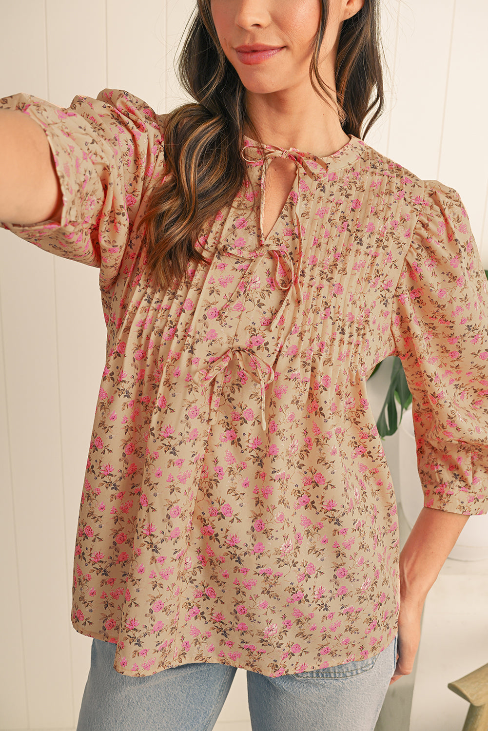 Light French Beige Ditsy Floral Print Bow Front Puff Sleeve Blouse Light French Beige 100%Polyester 508fa3cec7cf74a2