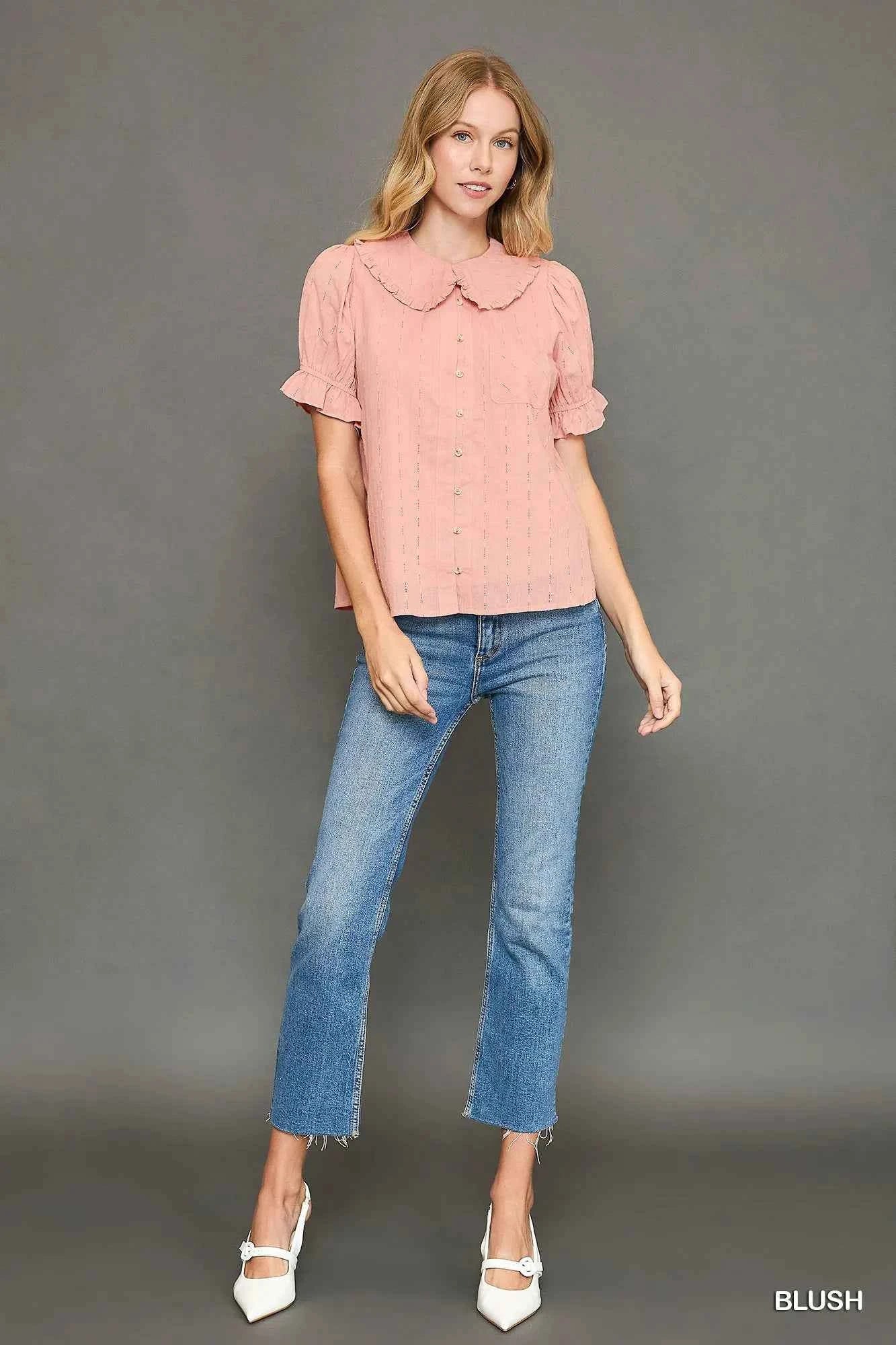 Peter Pan Collared Button Down Textured Shirt with Ruffled Detail 5095a6a1-81e3-4a47-a2b8-deab765843db-Max-Origin