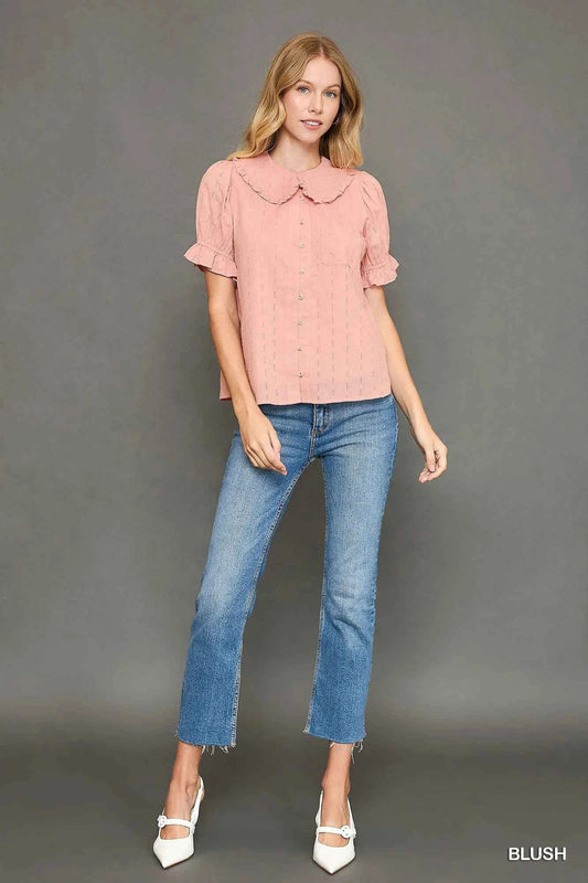 Peter Pan Collared Button Down Textured Shirt with Ruffled Detail 5095a6a1-81e3-4a47-a2b8-deab765843db-Max-Origin