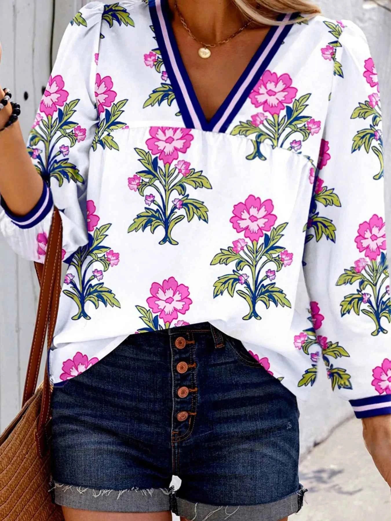 Floral Print Striped V Neck Blouse White 509a0d45b88540cd95ab3cc173a3c870-Max-Origin