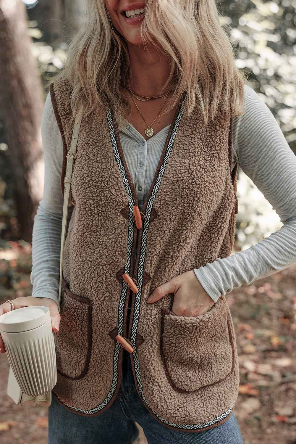 Dark Khaki Sherpa Contrast Trim Patch Pocket Cartridge Toggle Button Vest 509ac8dee0af0132