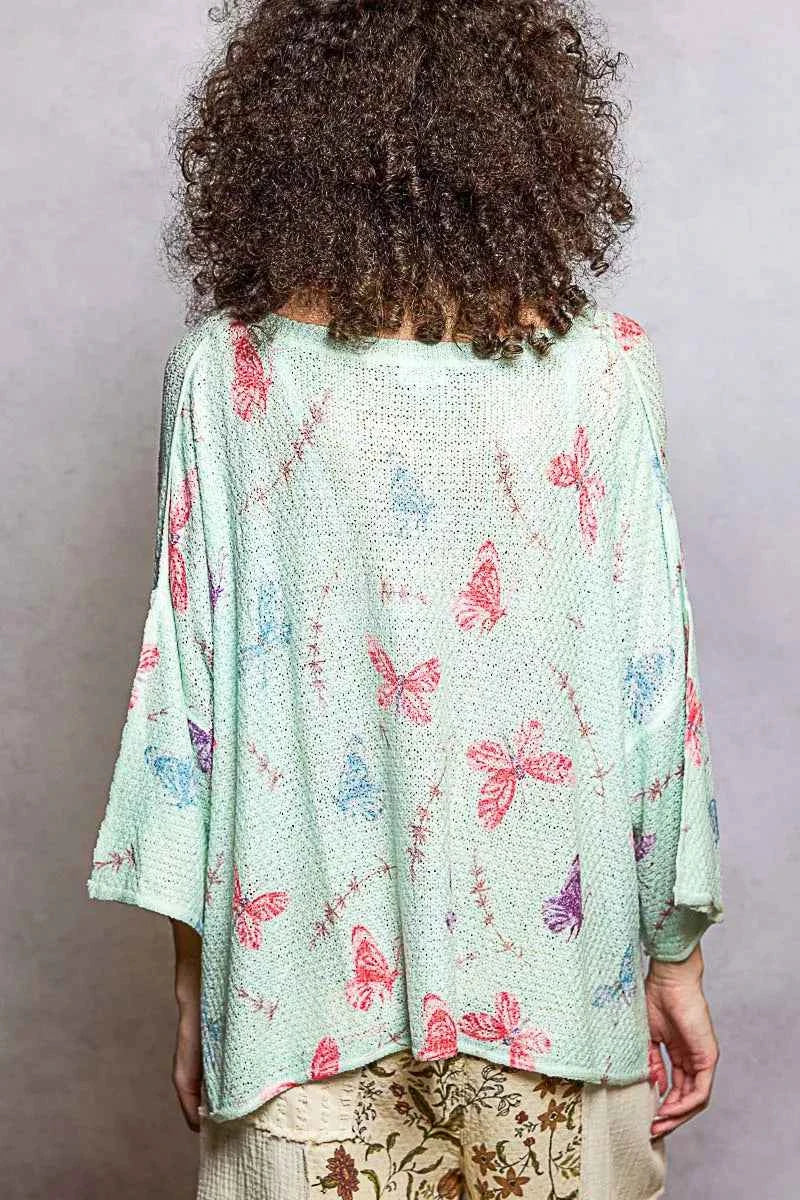 POL Butterflies Pattern Round Neck knit Top with Outseam Rolling Edge 509fd192-479d-47e5-8352-b819bbdd2964-Max-Origin