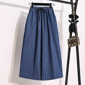 Lace-Up Elastic-Waist Cropped Denim Pants DEEP BLUE 50B7DB2F0204B52EDA019E30ADE395C0
