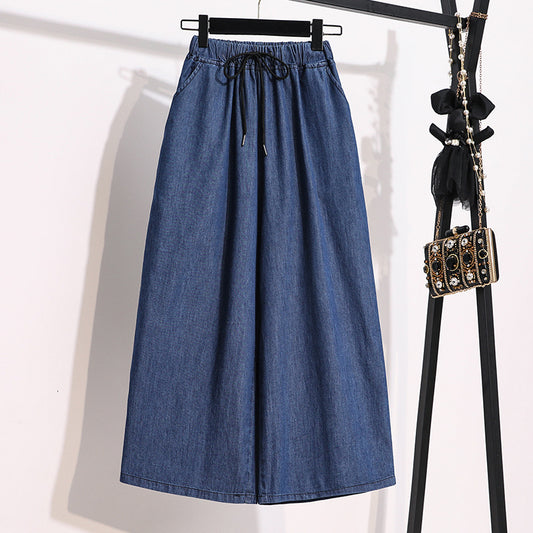 Lace-Up Elastic-Waist Cropped Denim Pants