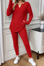 Racing Red Ribbed Notched Neck Knit Long Sleeve Leggings Two Pieces Lounge Set 50a3bc80cabd4550