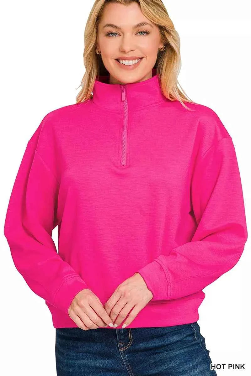 Zenana Scuba Half Zip Pullover Sweatshirt HOT PINK 50a7955b47c64cba8ceaf2288de1684a-Max-Origin