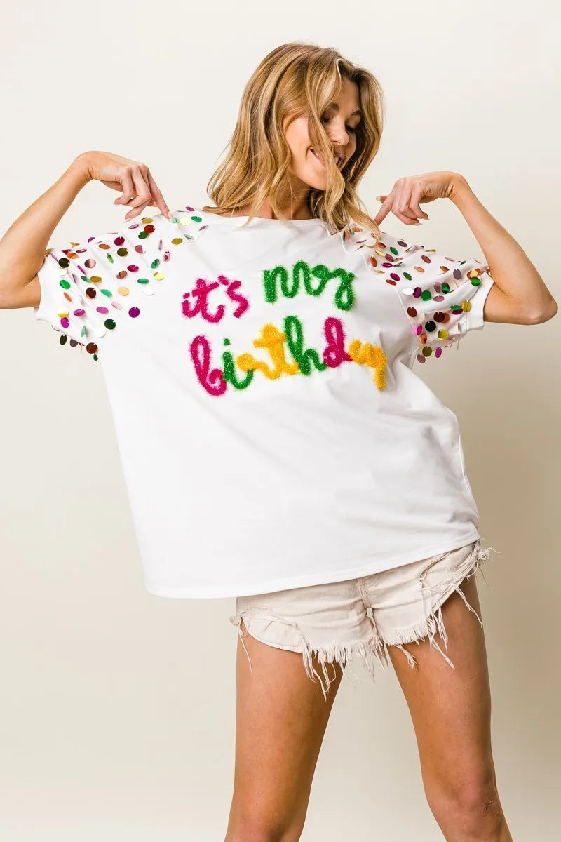 BiBi Metallic Letter Spangle Raglan Puff Sleeve Top 50ab4945e10e429b9c8faee14179e8c2-Max-Origin